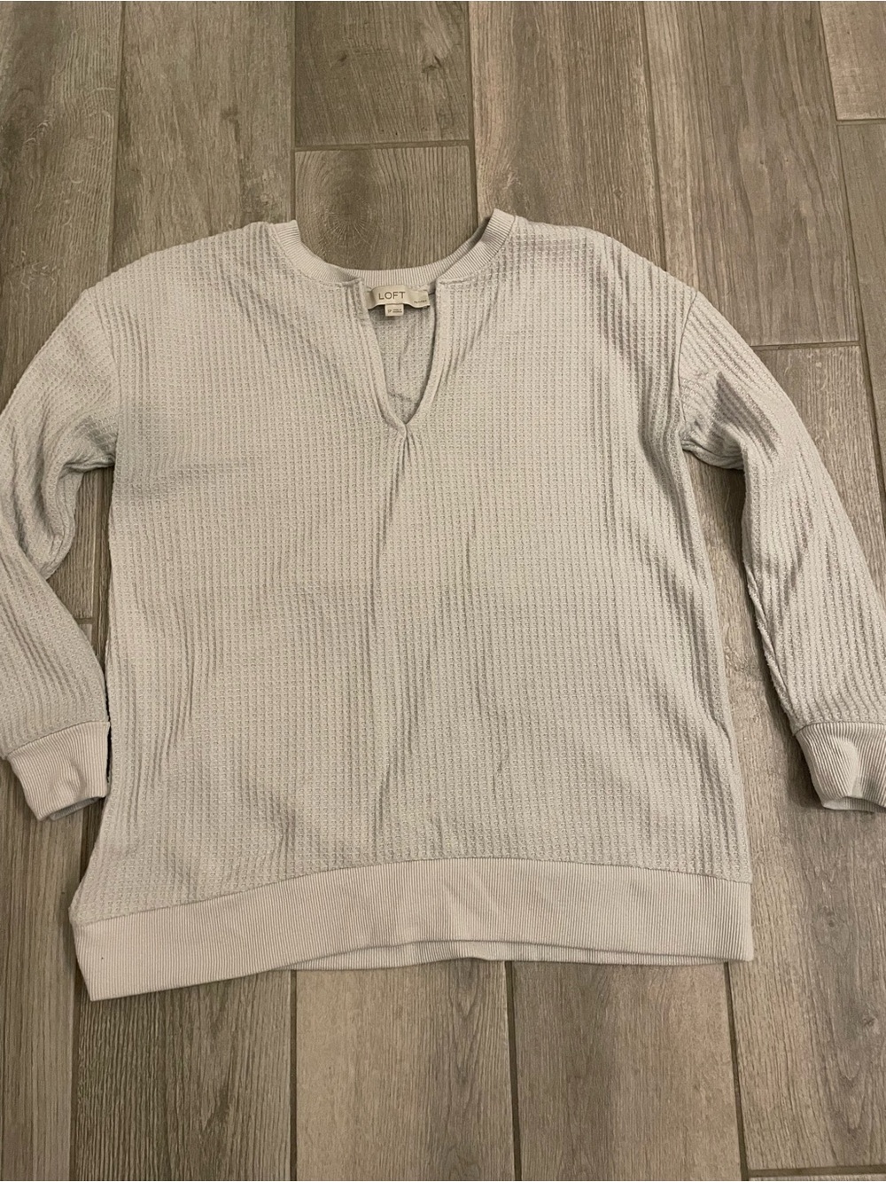 Loft waffle knit long sleeve gray top, Sz Small petite.